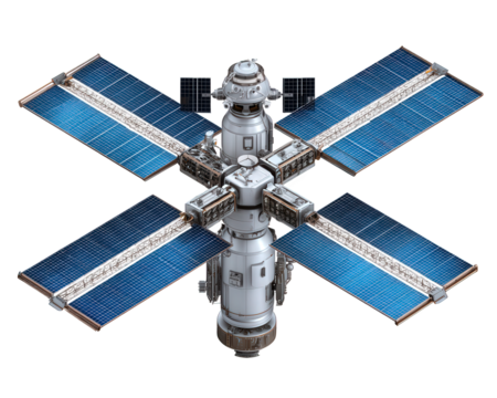 Satellite technology icon for global communication in space. This futuristic spacecraft with solar panel represents broadcast, network, and data transmission with innovation