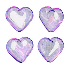 Set of four iridescent 3D heart-shaped glass bubbles with glitter texture isolated on white background. A symbol of modern love and romance