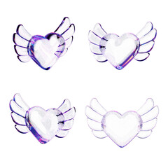 Set of four 3D rendered iridescent glass hearts with angelic wings. This collection of glossy, transparent flying heart icons is isolated on a white background for romantic and modern design concepts