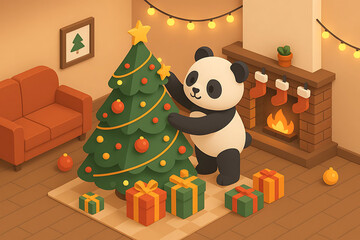 Cute Panda Decorating Christmas Tree – Cozy Holiday Illustration and Festive Room