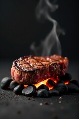A succulent steak, sizzling and smoking on glowing hot coals, a culinary masterpiece