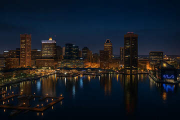 Fototapeta premium Night City Skyline with Water Reflection – Urban Lights and Modern Architecture