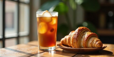 A refreshing iced coffee beverage in a glass, accompanied by a delectable flaky croissant on a wooden plate, bathed in sunlight on a wooden table