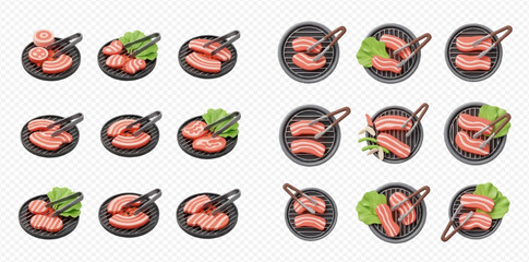 Overhead view of various meat dishes with tongs on plates.