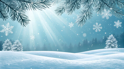 Fototapeta premium Merry Christmas and happy new year greeting card. Winter landscape with snow .Christmas background with fir tree branch