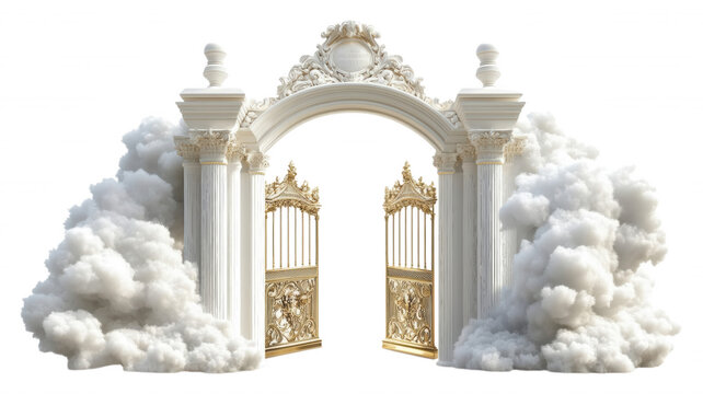 Golden gates open amidst clouds with white stone pillars