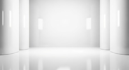 Minimalist white modern studio space with glossy floor and curved architectural details