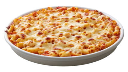 Baked pasta dish with cheese in a white ceramic casserole