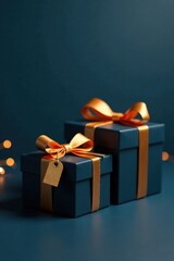 Elegantly wrapped presents with golden ribbons and blank gift tags sit on a dark blue surface, illuminated by soft, warm lights, symbolizing the anticipation and joy of gift-giving.