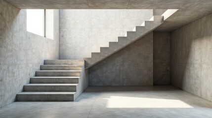 Modern Concrete Stairwell Interior Design Two Sets of Stairs Leading to Sunlight Through a High Window in a Minimalist Room