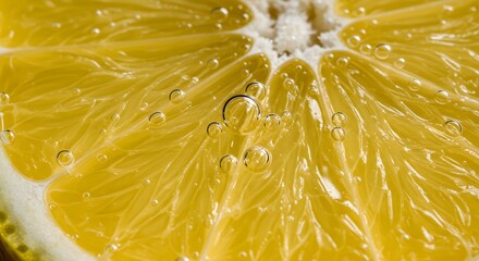 Yellow lemon slice closeup featuring bright fruit segments and sparkling bubbles