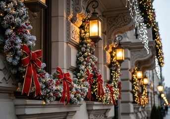 Festive Christmas decorations adorn a building facade with glowing lights