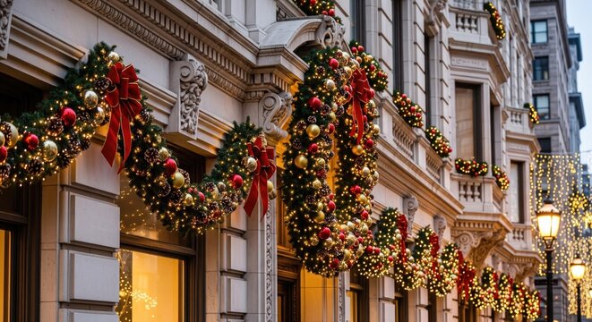 Festive Christmas decorations adorn a building facade with lights and garlands