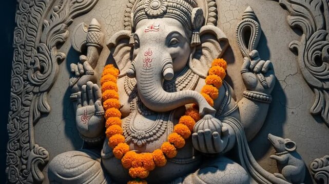 Intricate stone carving of Lord Ganesha adorned with marigold garlands