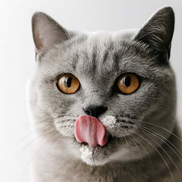 The cat pauses mid‑ritual, tongue curling to erase creamy traces