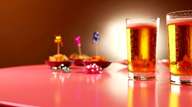 Two glasses of beer on a vibrant table with festive snacks and decor