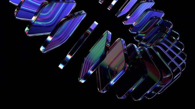 Abstract geometric animation, rotating colorful glass blocks on a black background, 4k looping video, 3d render