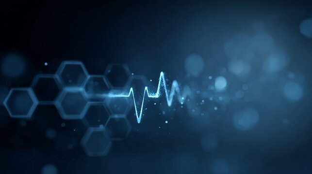 Digital heartbeat wave illustrating vital signs and healthcare technology, integrating geometric hexagons and shimmering particles in an abstract blue scientific background