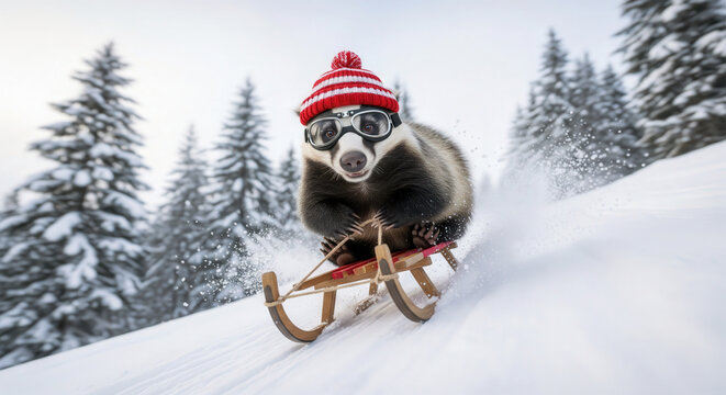 Badger wearing goggles races down a snowy hill on a wooden sled, creating a funny and playful winter scene full of speed and joy.