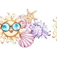Seamless pattern background wallpaper featuring summer vibes with sunshine, seashells, and starfish for joyful beach holidays and festive occasions