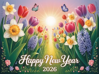 Vibrant spring flowers and butterflies illuminate a path towards a bright new year 2026 greeting
