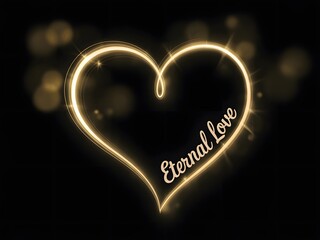 Radiant golden heart outline with eternal love script against a dark bokeh lit background symbolizing enduring affection