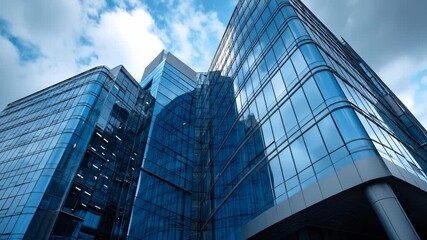 AI-generated cinematic view of a modern glass skyscraper reflecting clouds and sunlight. Smooth camera tilt upward, emphasizing height and elegance in urban architecture. - Powered by Adobe