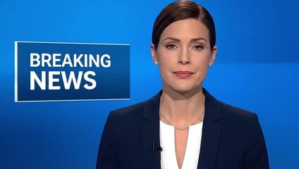 Female News Anchor Delivering Breaking News Report in Television Studio.