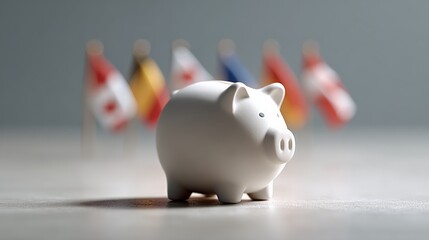 White piggy bank is placed on a surface with miniature flags from various countries blurred in the background, representing global finance, international trade, and worldwide investments