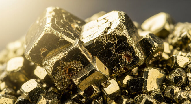Closeup shot of pyrite crystals, also known as fools gold, showcasing their metallic luster and cubic structure in a mineral specimen