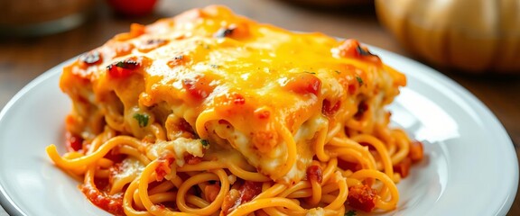 Golden-brown baked spaghetti casserole, bubbly cheese topping, tomato sauce, family meal