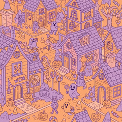 Obraz premium Cute Halloween Town with Ghosts, Pumpkins, and Candy - Whimsical Autumn Scene