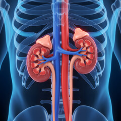Detailed human kidney anatomy with arteries, veins, and adrenal glands, visualized within a skeletal and muscular system outline.