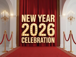Grand entrance to a luxurious new year 2026 celebration with a red carpet and elegant drapes
