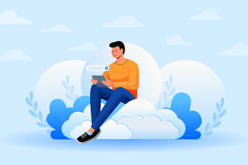 Man sitting on clouds using a tablet blue sky background