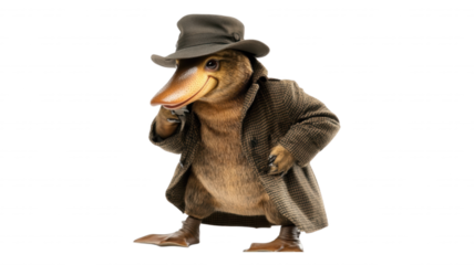 Platypus dressed in a coat and hat standing on black ground