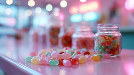 Close-up of jelly beans in glass jars on a pink table, surrounded by a vibrant, blurred background.