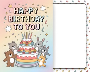 Adorable cartoon animals celebrate a vibrant rainbow layered birthday cake with candles and confetti wishing you a happy birthday