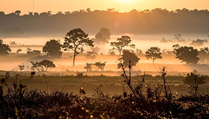 Misty sunrise over a tranquil landscape
