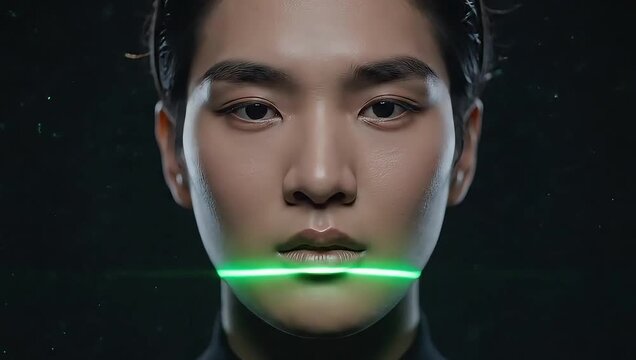 Futuristic Asian Man Face Scan with Green Neon Light Technology.