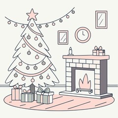 vector flat illustration of cozy Christmas living room with decorated tree, gifts, fireplace, garlands, and warm lights, clean minimal style, pastel colors