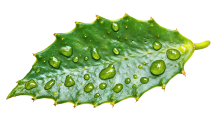 Close up of a green leaf covered in water droplets dew drops