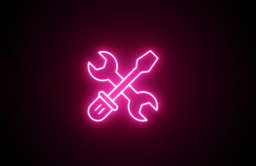 Neon glowing Wrench and screwdriver crossed icon representing tools and maintenance. Neon Wrench icon. Neon screwdriver sign