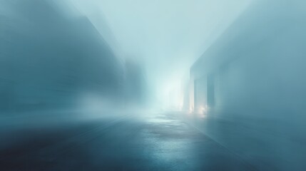 Mysterious pathway through foggy urban landscape at twilight
