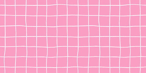 Check pink seamless pattern grid hand-drawn lines creating a playful background with wavy doodle textured stripes, perfect for cute designs and modern decor in vector crayon illustration.