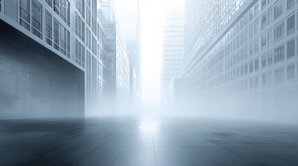 Foggy city street with skyscrapers in eerie urban setting