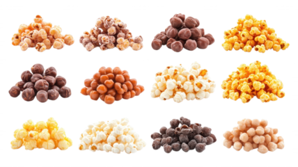 Assortment of different flavored popcorn on a black background