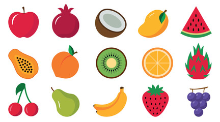 Colorful tropical fruit icons, fresh healthy fruits in flat vector style, juicy and organic fruit illustrations