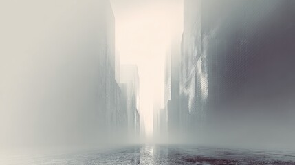 Mysterious city street shrouded in fog between tall buildings