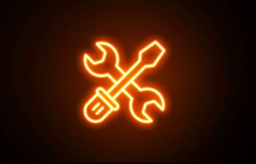Neon glowing Wrench and screwdriver crossed icon representing tools and maintenance. Neon Wrench icon. Neon screwdriver sign